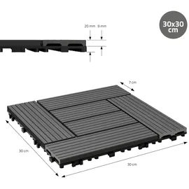ECD Germany WPC Terrassenfliesen 30x30 cm 11Er Spar Set Anthrazit Mosaik, Holzoptik, Bodenbelag mit Drainage, Terrassendielen Balkonfliesen, Klickfliesen für Terrasse Garten und Balkon