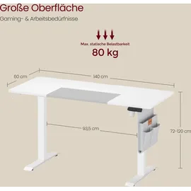 VASAGLE Höhenverstellbarer Schreibtisch elektrisch, 60 x 140 x (72-120) cm