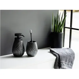 Wenko Bad-Accessoire Set Idro Anthrazit, 2-tlg., Seifenspender und Zahnputzbecher aus Keramik, Linien-Struktur