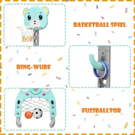 komfotteu GOPLUS 3-in-1 Sportaktivitätscenter, Basketballkorb & Fußballtor & Ringspiel, Höhenverstellbarer Basketballständer, mit Basketball & Fußball &... - Blau/Grau
