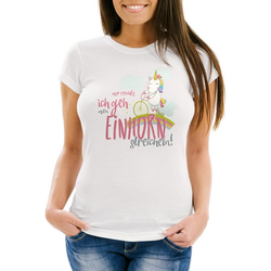 MoonWorks Print-Shirt Damen T-Shirt Einhorn auf Fahrrad "Mir reichts ich geh mein Einhorn streicheln" Slim Fit Moonworks® mit Print weiß XS