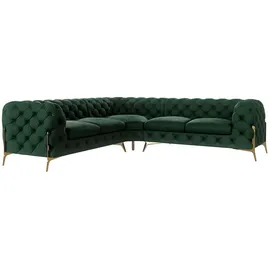 s-style möbel - Chesterfield Ecksofa Nova mit Goldene Metall Füßen aus Flasche Grün Samtstoff, B/T/H: 264 cm/ 264 cm/ 75 cm - Grün