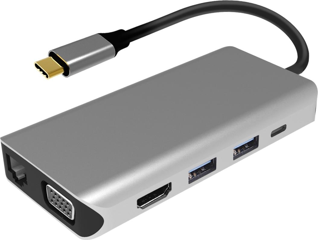 PNI Multiport-Adapter PNI MP10 USB-C auf HDMI, VGA, 3 x USB 3.0, SD/TF, RJ45, Audio 3.5, USB-C PD, 10 Au (USB C), Dockingstation + USB Hub