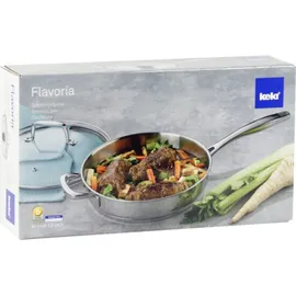 Kela Edelstahl 24 cm hoher Rand FLAVORIA, 1,6L Induktion Bratpfanne mit Deckel, Dampfauslassventil, Schmortopf unbeschichtet