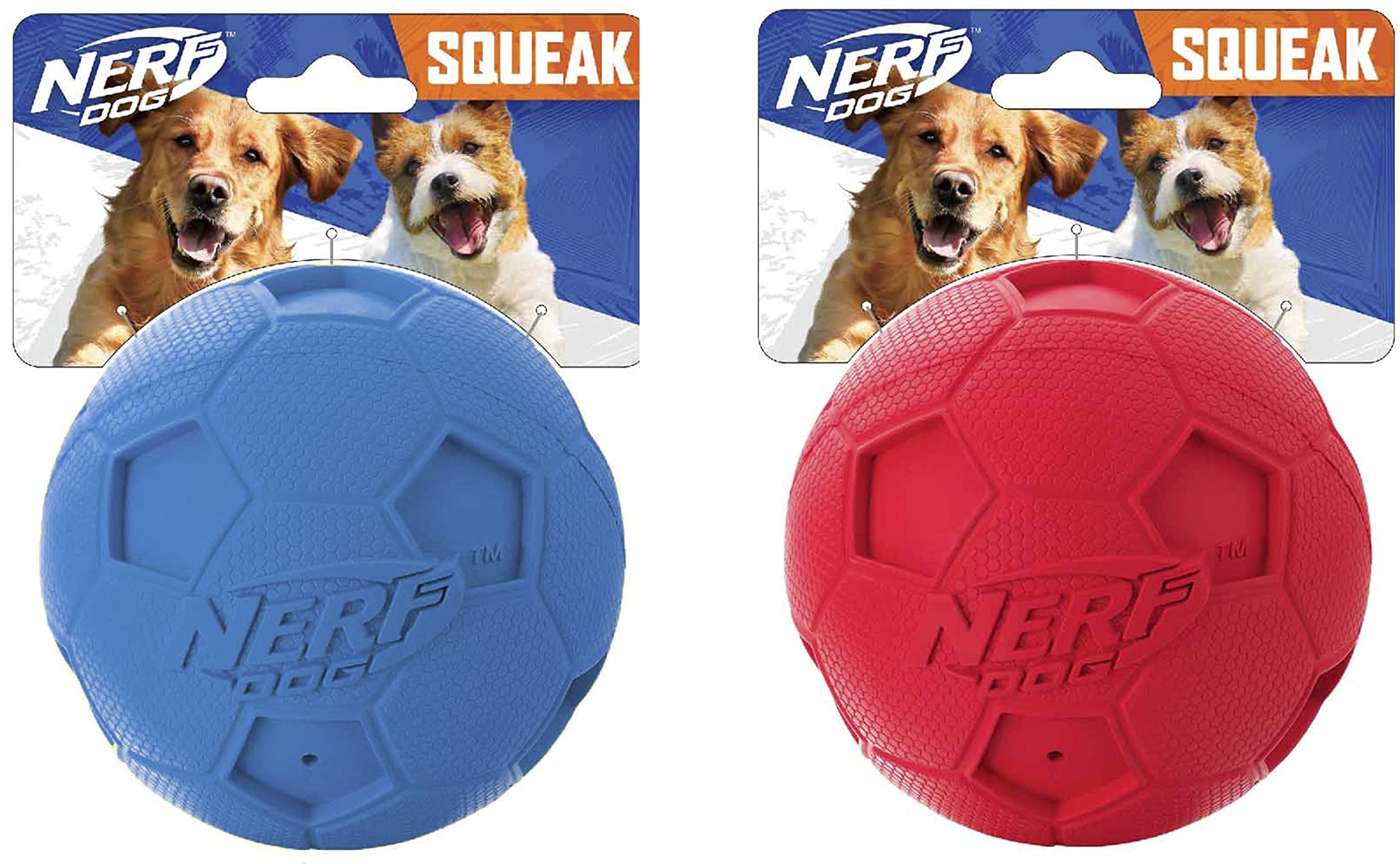 Nerf Dog (2er Pack Soccer Quietschen Ball Hundespielzeug, Rot/Blau, Klein