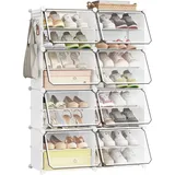 eSituro Schuhboxen, 16er Set, Schuhorganizer Schuhkarton stapelbar, Schuhregal Kunststoff, mit Haken, Tür, Schuhaufbewahrung platzsparend, Weiß