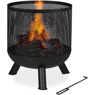 Relaxdays Feuerkorb, Mesh Design, Feuerrost, Schürhaken, Feuer im Garten, Feuertonne, Stahl, HxD: 53 x 44 cm, schwarz
