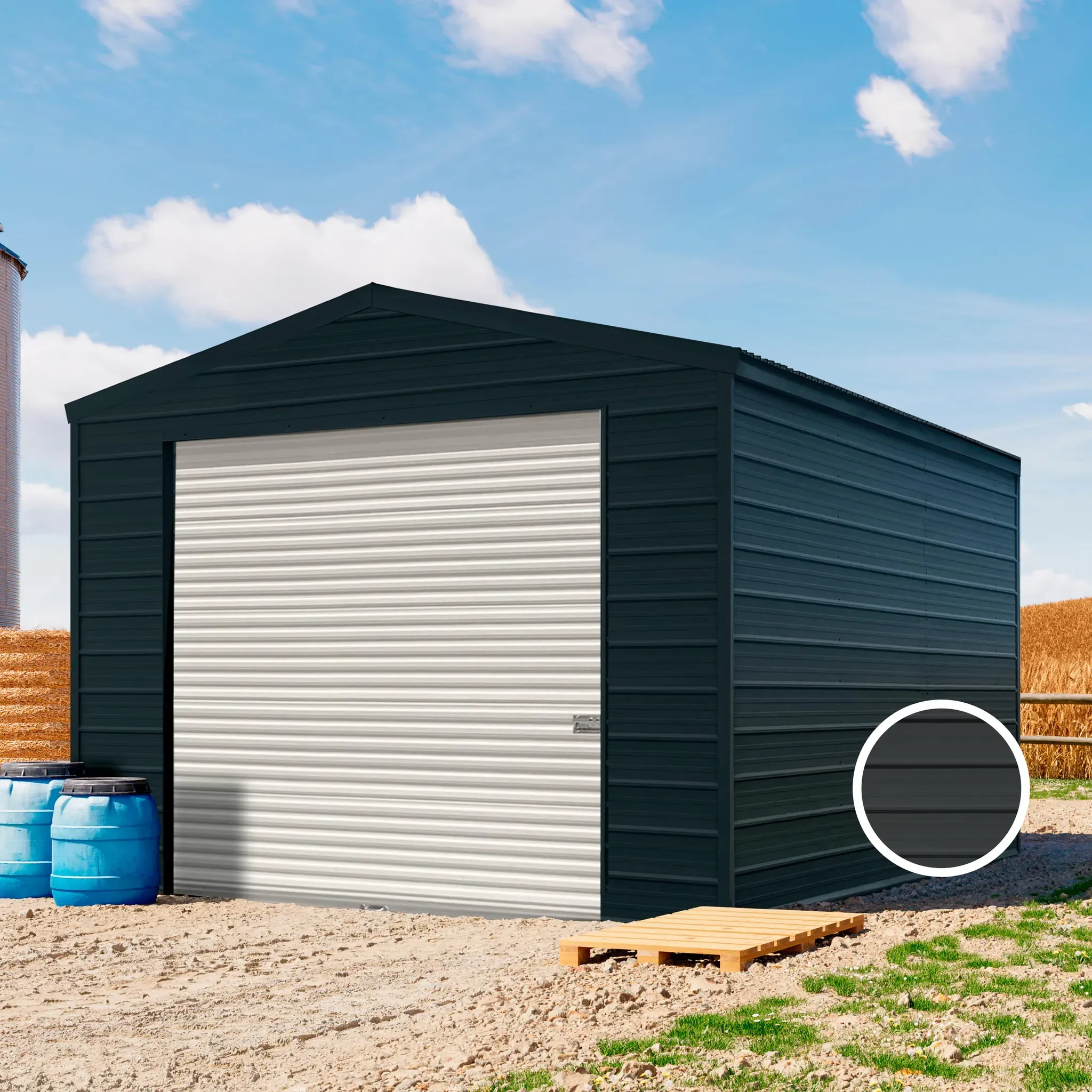 TOM BUILDER ARGO 4,05 x 4,4 m ARGO, Stahldach, Leichtbauhalle, Trapezblechverkleidung, Anthrazit, mit Statik (Erduntergrund), ohne Setangebot - (KROV00007)