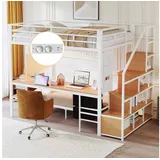 Odikalo Etagenbett Hochbett 90x200 140x200 mit Schreibtisch LED (Metallbett, Multifunktionsbett mit Schreibtisch,LED,Mit Steckdosen,offenem Stauraum und Stoffschubladen-Oberbett 140*200,und Unterbett 90*200, ohne Matratze)