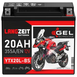 LANGZEIT YTX20L-BS GEL Motorradbatterie 12V 20Ah 355A/EN GEL Batterie 12V 51821 GTX20L-BS CTX20L-BS doppelte Lebensdauer vorgeladen auslaufsicher wartungsfrei