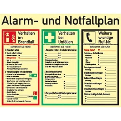 Schild Alarm- und Notfallplan ISO 7010, Kunststoff, nachleuchtend, 50-mcd, 620x480 mm