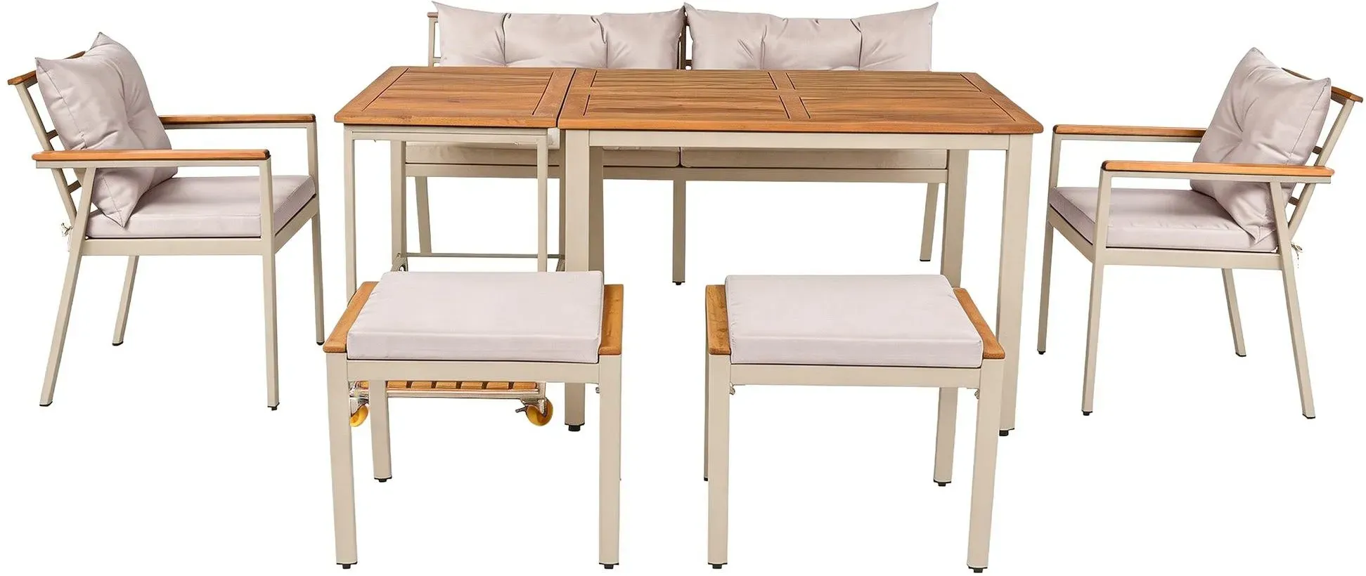 6-7-Sitzer-Garten-Esstisch- und Stuhlset, Gartenmöbel mit Sesseln und abnehmbarem Esswagen, Beige+Naturfarbe