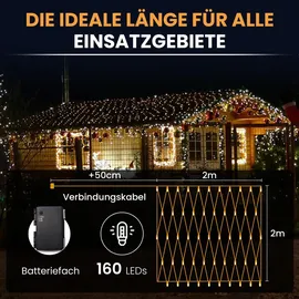 Gartenpirat Batterie-Lichternetz 2 x 2 m 160 LED warmweiß und Timer für außen