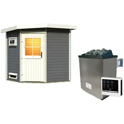 Saunahaus KARIBU "Fiete", grau (terragrau), Saunaofen, externe Steuerung, 9 kW, Saunen, klassiche Tür, Ofen 9 KW externe Strg easy