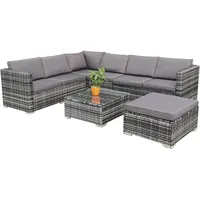 Hansson Polyrattan Gartenmöbel Lounge Set Sitzgruppe Garnitur Poly Rattan inkl. Sofa Sessel Kissen Hocker Tisch mit Glas (3xDoppelsofa (1xlinks, 2xrechts), 1xTisch & Hocker)