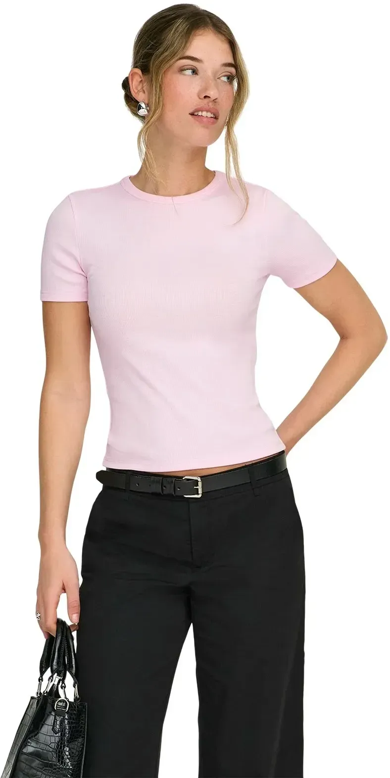 Only T-Shirt June mit feiner Rippstruktur in Rosa-XS