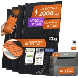 Solarway® All In One Balkonkraftwerk mit Speicher 2000W komplett Steckdose - 1,6 kWh Anker Solix 2 PRO Speicher - Solaranlage Komplettset - 500W bifaziale Solarmodule & Anker Speicher & Zubehör