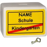 alles-meine.de GmbH große Spardose - Ortsschild - Schule/Kindergarten - incl. Name - mit Schlüssel und Schloss - stabile Sparbüchse aus Porzellan/Keramik - Sparschwein - ..