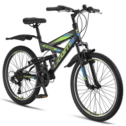 Licorne Bike Strong V Premium Mountainbike in 24 und 26 Zoll - Fahrrad für Jungen, Mädchen, Damen und Herren - Shimano 21 Gang-Schaltung - Vollfederung