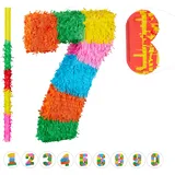 Relaxdays 3 TLG. Pinata Set Geburtstag, Zahl 7, Pinatastab mit Augenmaske, Kinder & Erwachsene, Piñata zum selbst Befüllen, bunt