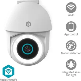 Nedis SmartLife Außenkamera - Wi-Fi - Spotlight - 3MP Full HD 1296p - Pan tilt - IP65 - Cloud Storage (optional) / microSD (not enthalten) / Onvif - 5 V DC - mit Bewegungssensor - Nachtsicht - Weiss