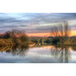 Fototapete PAPERMOON "STEIN-BRÜCKE-FLUSS SEE STRAND SONNE WALD BÄUME NATUR", bunt, B:2,50m L:1,86m, Vlies, Tapeten