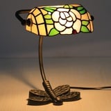 Uziqueif Klassische Bankerlampe, Tiffany Style Tischlampe,Lampenschirm Glas, Schreibtischlampe, Metall Basis,Pfingstrose