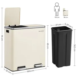 Songmics Mülleimer, 2 x 30 Liter mit Deckel und Inneneimer cremeweiß Metall, 30l