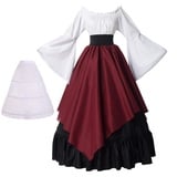 BPURB Damen Mittelalter Kleidung Renaissance Kostüm Kleid Trompete Ärmel Viktorianische Kleider (Hemd und Rock mit Petticoat) (Schwarz/Rot, L)