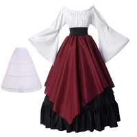 BPURB Damen Mittelalter Kleidung Renaissance Kostüm Kleid Trompete Ärmel Viktorianische Kleider (Hemd und Rock mit Petticoat) (Schwarz/Rot, L)