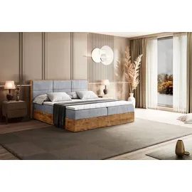 altdecor Boxspringbett mit H3-Matratze, Kopfteil und Bettkasten, mit Eiche Holz 160x200 Hellgrau Samt - Hellgrau
