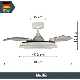 Melitec Deckenlampe mit Ventilator, Deckenventilator mit Beleuchtung, RGB, weiß,