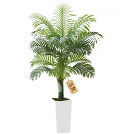 Vevor Künstliche Areca-Palme, 1,52 m, tropische Kunstpalme mit weißem, hohem Pflanzgefäß, Kunstseiden-Bodenpflanze im Topf, Kunstbaum für Veranden, Wohnzimmer, Terrassen, Zuhause, Büro,