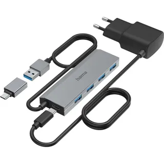 Hama USB-Hub 4 Ports, USB 3.2 Gen1, 5 Gbit/s, inkl. USB-C-Adapter und Netzteil (00200138)