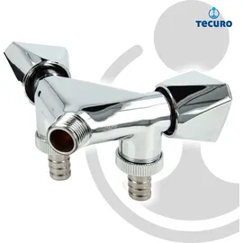 tecuro Doppel-Geräteventil mit 2 Abgängen - Messing hochglanzverchromt mit Schlauchtüllen