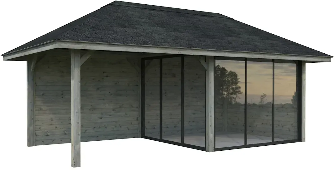 Palmako Pavillon Bianca 16,6 m2 Set 505 Slide Plus mit Isolierglas-Schiebetüren grau tauchgrundiert