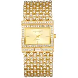 JewelryWe Damenuhr Glitzer Rechteckig Uhr: Damen Bling Strass Analog Quarz Armbanduhr Frauen Gold Breit Metallarmband Armreif Lässige Diamant Spangenuhr mit Eckigem Zifferblatt