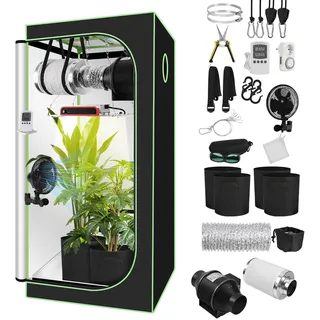 ISOISL Growzelt Komplettset 80x80x160cm mit 200W Flach LED Grow Lampe, Belüftungssystem mit Aktivkohlefilter, Indoor Pflanzenzelt