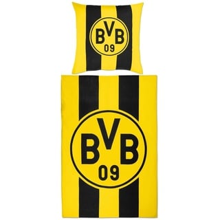 BVB Borussia Dortmund BVB BETTWÄSCHE Blockstreifen 135 X 200 cm: Bettbezug und Kissenbezug mit Knöpfen, Streifen-Design, 100% Baumwolle, Gelb