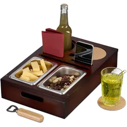 Relaxdays Couchbar, Bambus, Edelstahlschale für Snacks, Getränke- & Weinglashalter, Untersetzer, Couchorganizer, braun