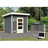 Woodfeeling Karibu Gartensauna Pultdach Saunahaus Norge terragrau Moderne Saunatür (Klarglas) 9 kW Bio-Kombiofen inkl. Steuergerät inkl. 8-teiligem gratis Zubehörpaket (Gesamtwert 191,92€)