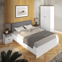 Schlafzimmer Set Bett 140cm Lattenrost Bettkasten Kleiderschrank Nachtische weiß
