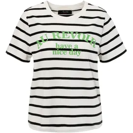 Aniston CASUAL T-Shirt ANISTON CASUAL, Damen, Gr. 48, schwarz (wollweiß, schwarz, apfelgrün), Single Jersey, Obermaterial: 100% Baumwolle, geringelt, gestreift, lässig geschnitten hüftlang, Rundhals, Shirts T-Shirt, im Streifen-Dessin mit Statement-Schriftzug