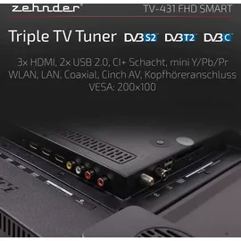 Zehnder TV-431 FHD SMART TV 43 Zoll 109cm LED Fernseher Schmaler Rahmen LAN/WLAN Full HD Triple Tuner USB DVB-S2/T2/C Android 11 kompatibel mit Go...