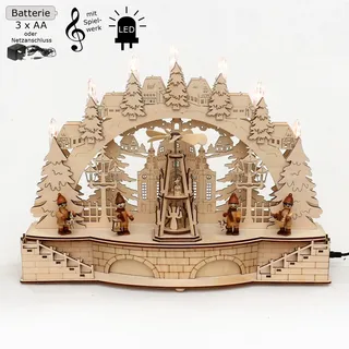 3D LED Lichterbogen Schwibbogen mit Pyramide, Spielwerk 4Figuren Unterbank 10298