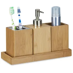 Relaxdays Bad-Accessoires-Set 4-teilig, Bambus, Zahnbürstenhalter, Seifenspender, Seifenablage, Behälter,natur