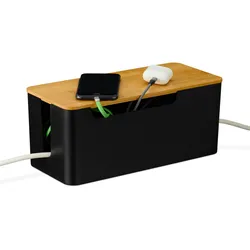 Relaxdays Kabelbox für 2 Steckdosenleisten, Bambusdeckel, Kunststoff, HBT: 13x31x14 cm, Kabel verstecken, schwarz/natur