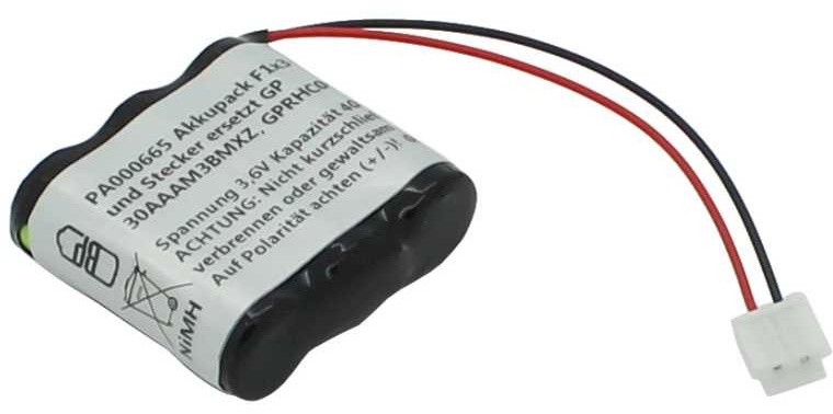 NiMH Akkupack mit 3,6 Volt Spannung und 400mAh Kapazität, Bauform F1x3 mit Kabel und Stecker ersetzt GP 30AAAM3BMXZ, GPRHC043M033, Abmessungen 31 x 31,5 x 10,4 mm