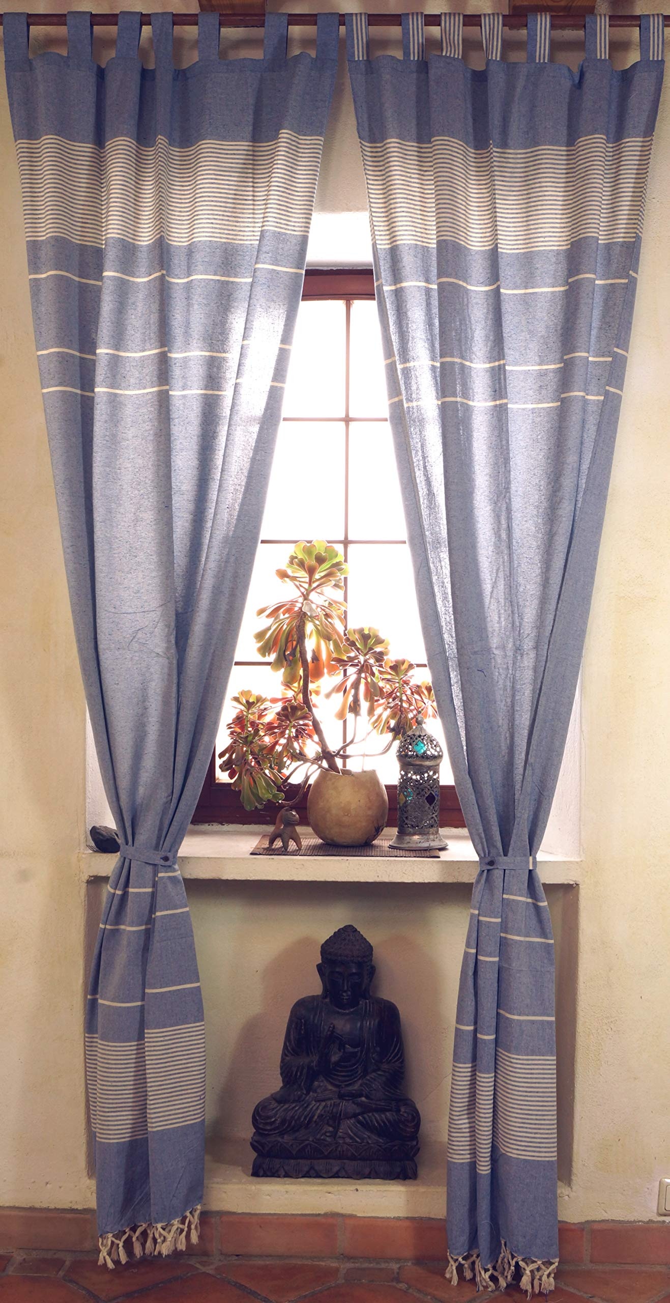 GURU SHOP Boho Vorhänge, Gardine (1 Paar) mit Schlaufen, Ethno Style Vorhang - Blau, Baumwolle, 250x100x0,2 cm, Dekovorhänge