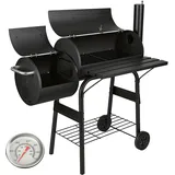 Tolletour Smoker Holzkohlegrill Mit 2 Rädern Und Temperaturanzeige, Grillwagen Mit Deckel, Schwarz